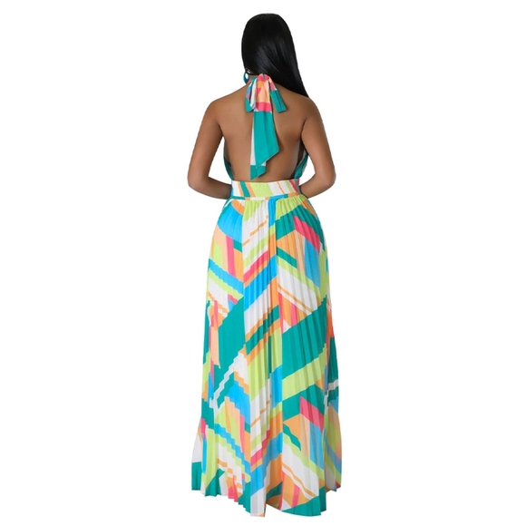 Women Halter Neck Backless Pleated Print Sleeveless Dress 2XL NEWThis Women Hal - Picture 3 of 7